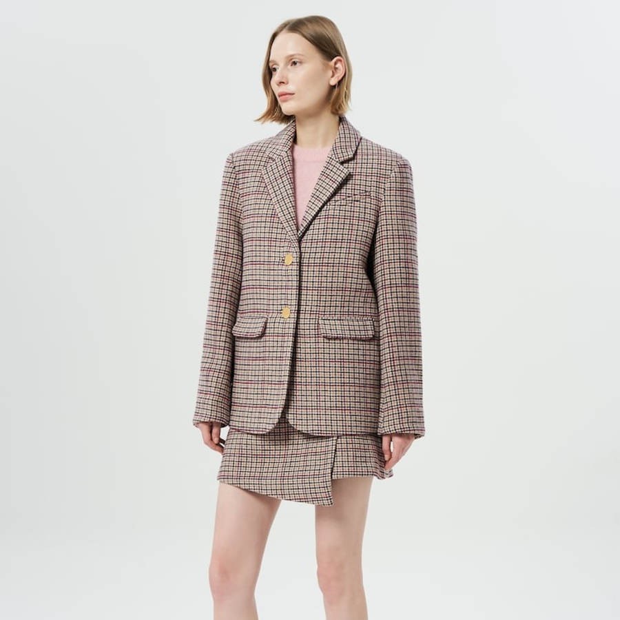 GANNI Check Wool Mix Boxy Blazer – Beige