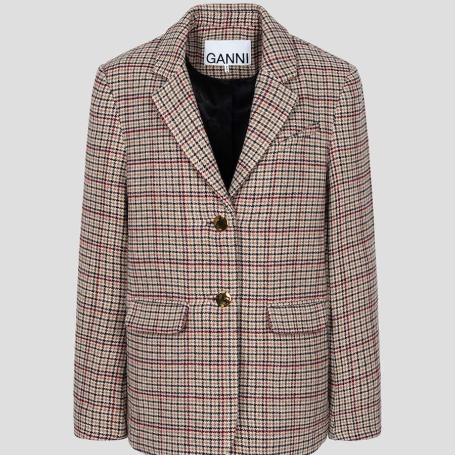 GANNI Check Wool Mix Boxy Blazer – Beige
