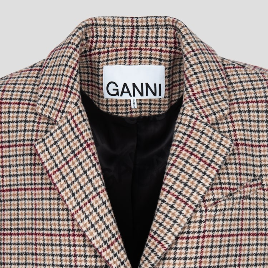 GANNI Check Wool Mix Boxy Blazer – Beige
