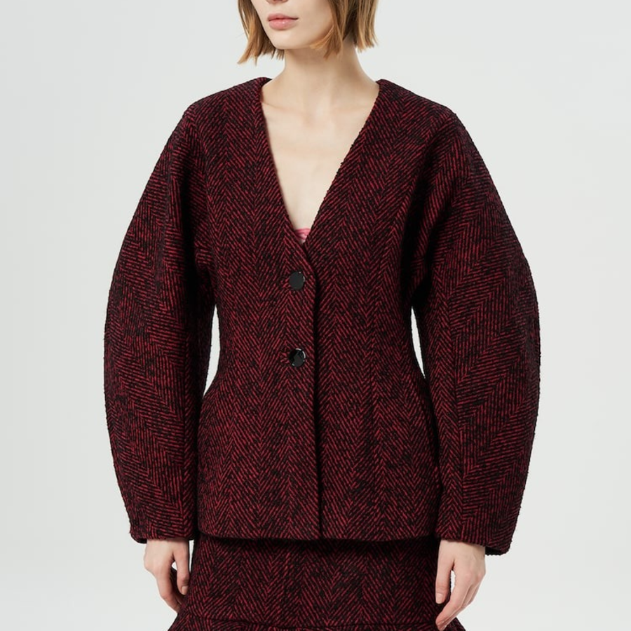 GANNI Herringbone Wool Curve Sleeve Blazer – Red