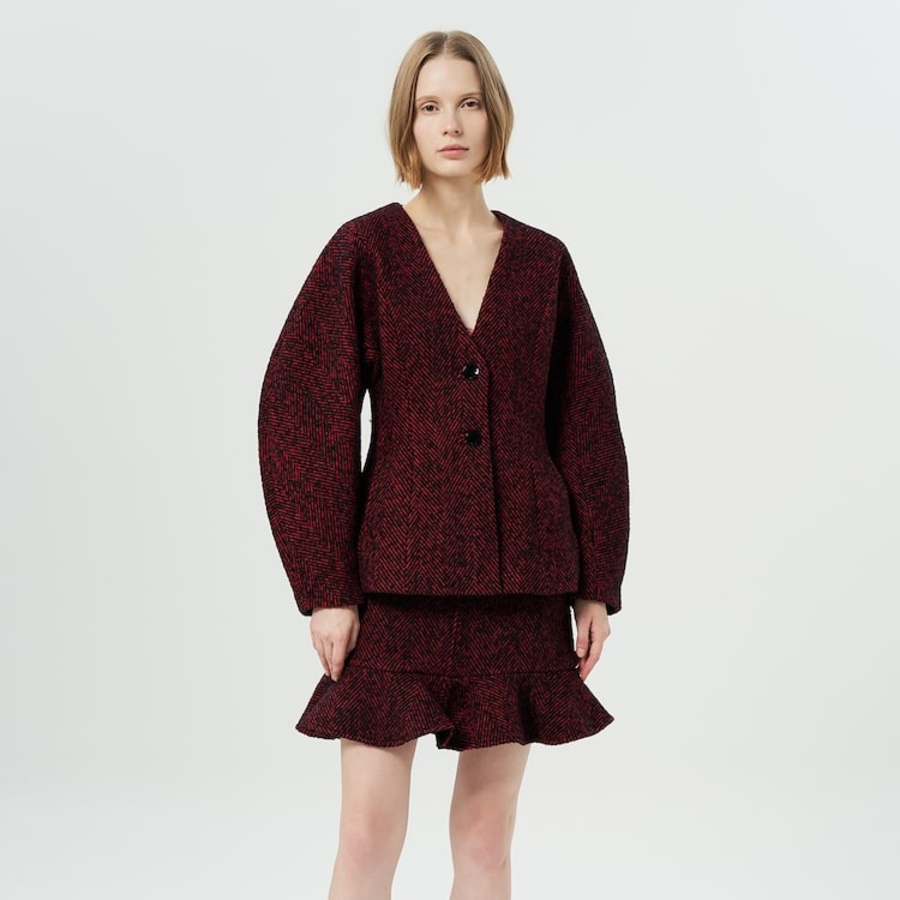GANNI Herringbone Wool Curve Sleeve Blazer – Red