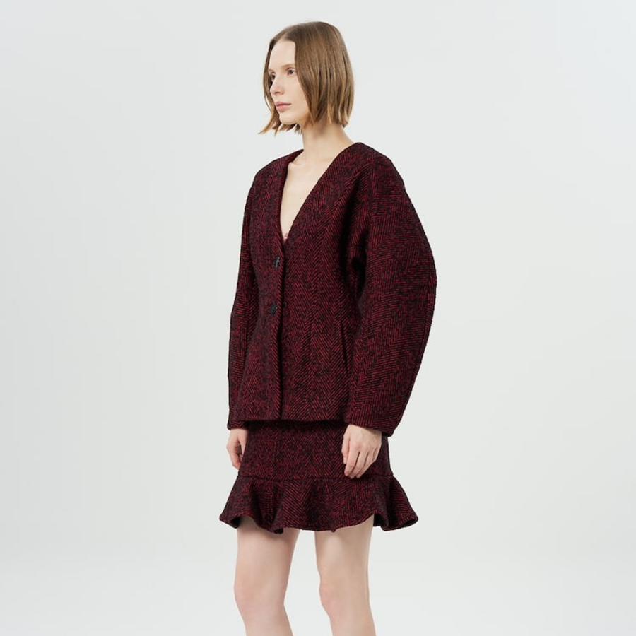 GANNI Herringbone Wool Curve Sleeve Blazer – Red