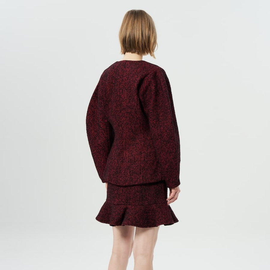 GANNI Herringbone Wool Curve Sleeve Blazer – Red