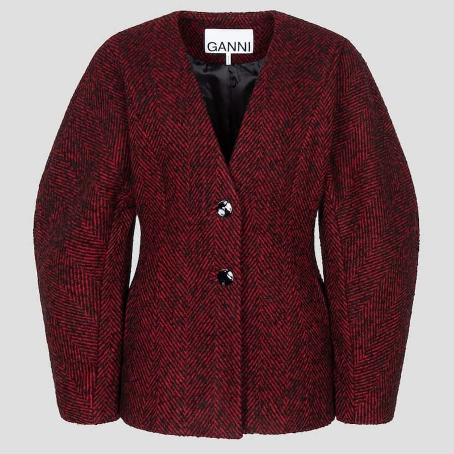 GANNI Herringbone Wool Curve Sleeve Blazer – Red