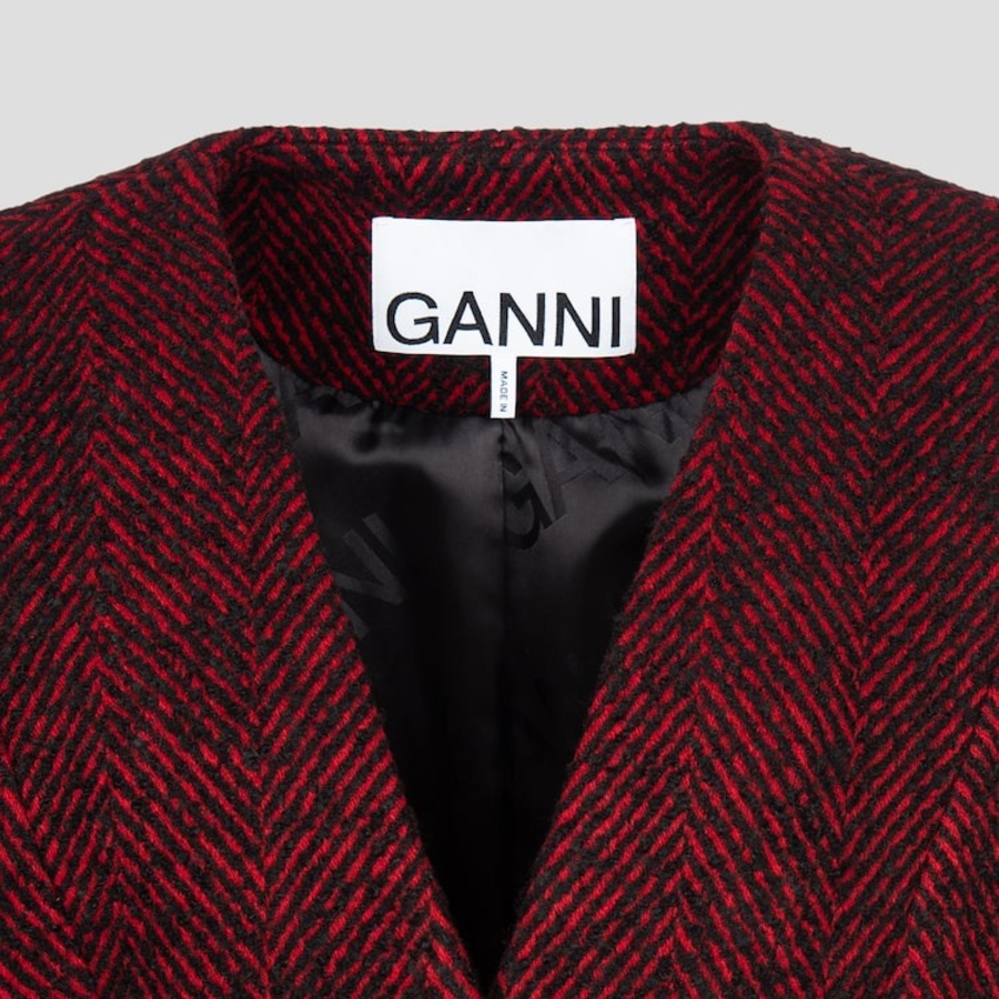 GANNI Herringbone Wool Curve Sleeve Blazer – Red