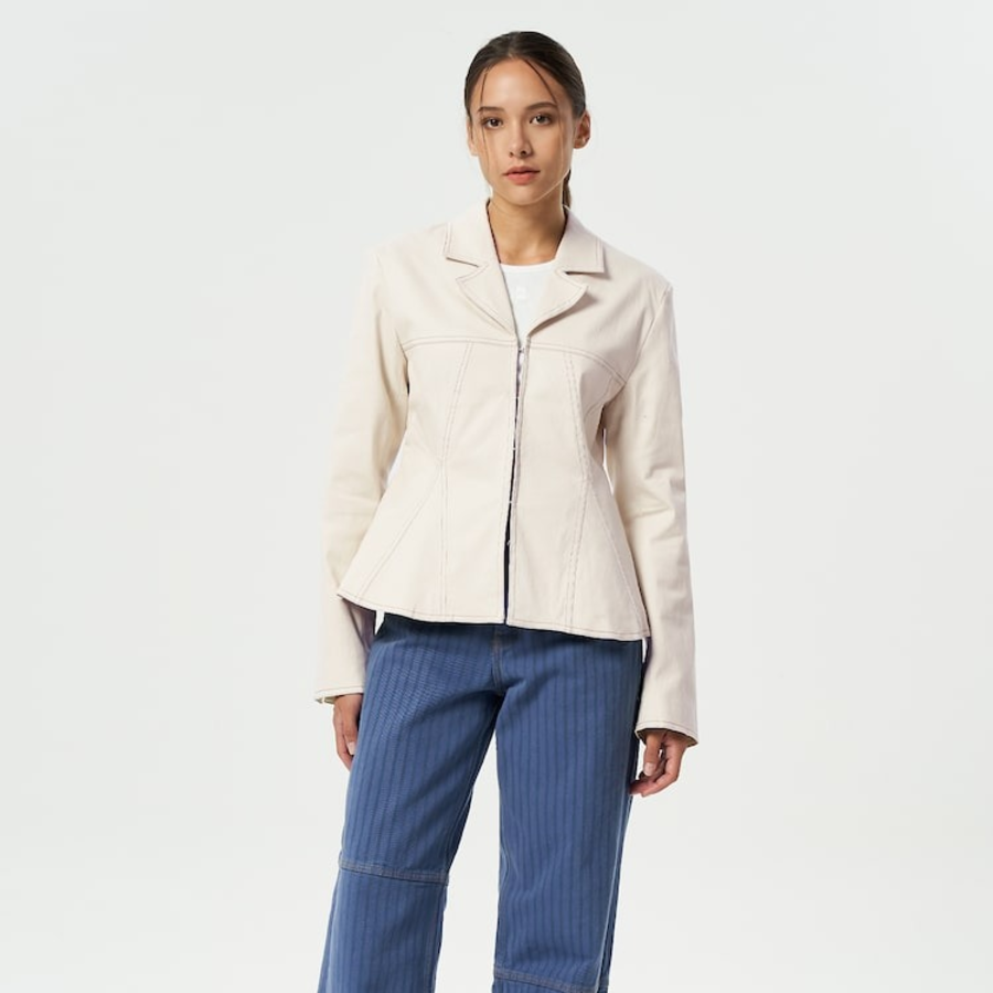 GANNI Herringbone Canvas Fitted Blazer – Summer Sand