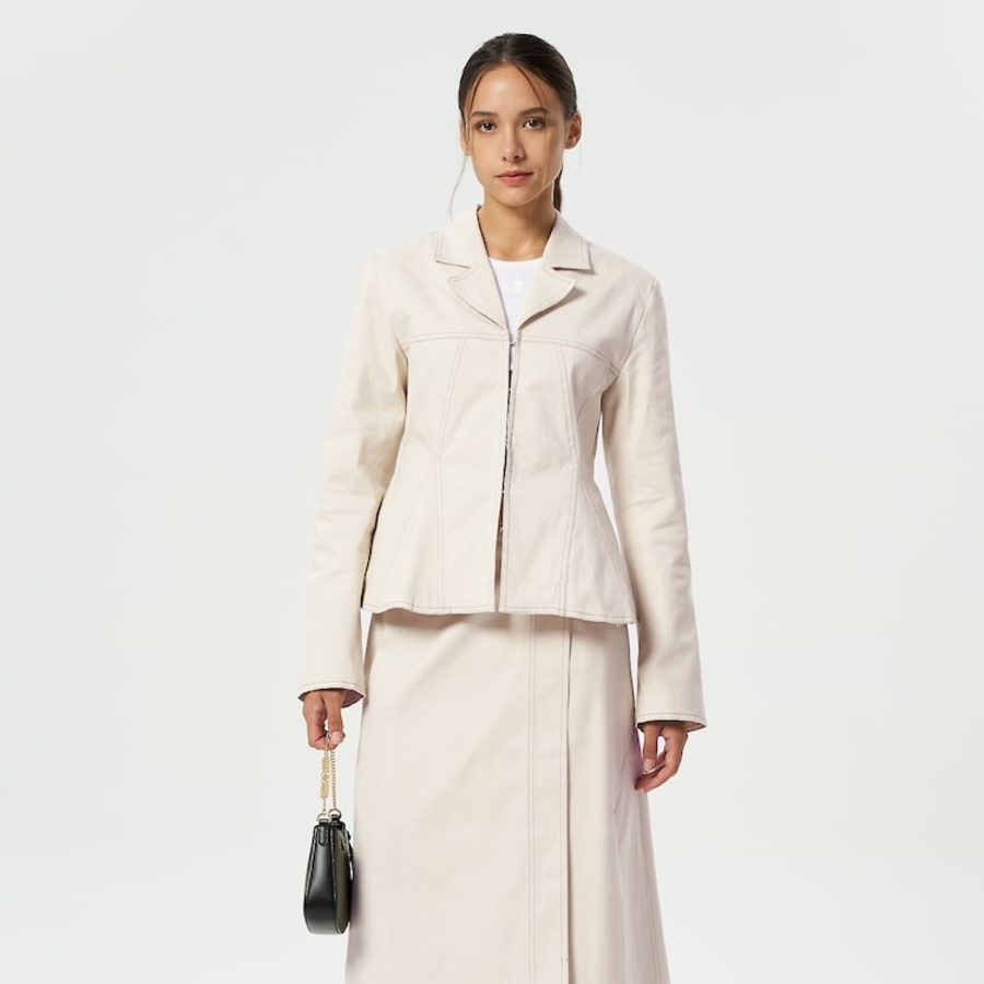 GANNI Herringbone Canvas Fitted Blazer – Summer Sand