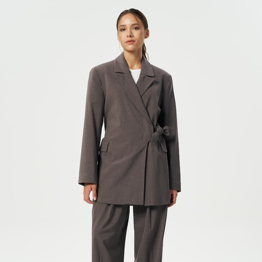 GANNI Drapey Melange Knot Belt Blazer – Shitake