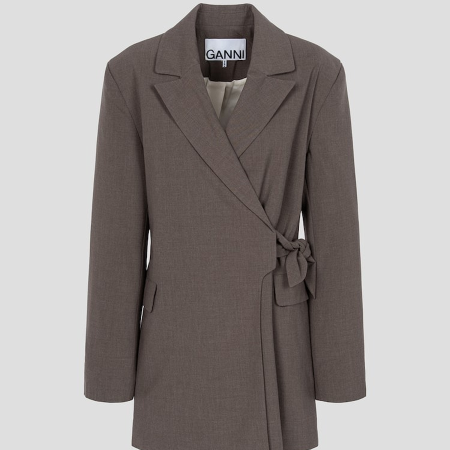 GANNI Drapey Melange Knot Belt Blazer – Shitake