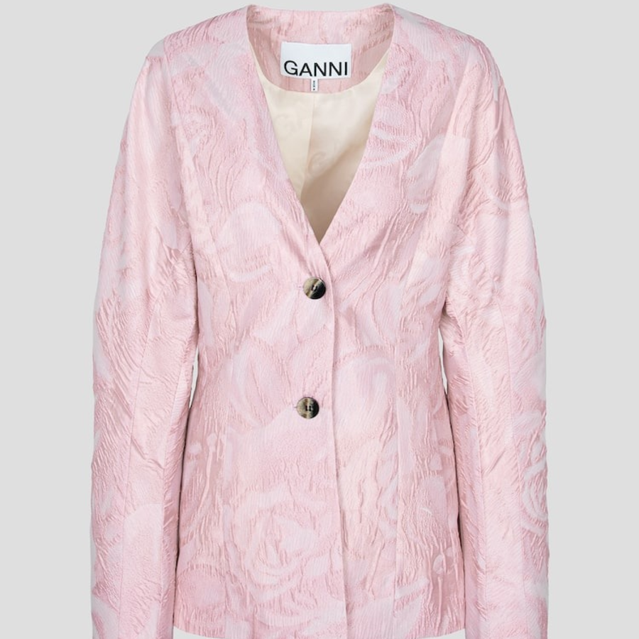 GANNI Textured Cloqué Curve Sleeve Blazer – Bleached Mauve