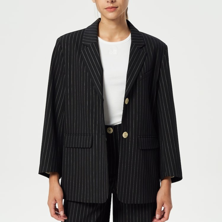 GANNI Stripe Suiting Boxy Blazer – Black