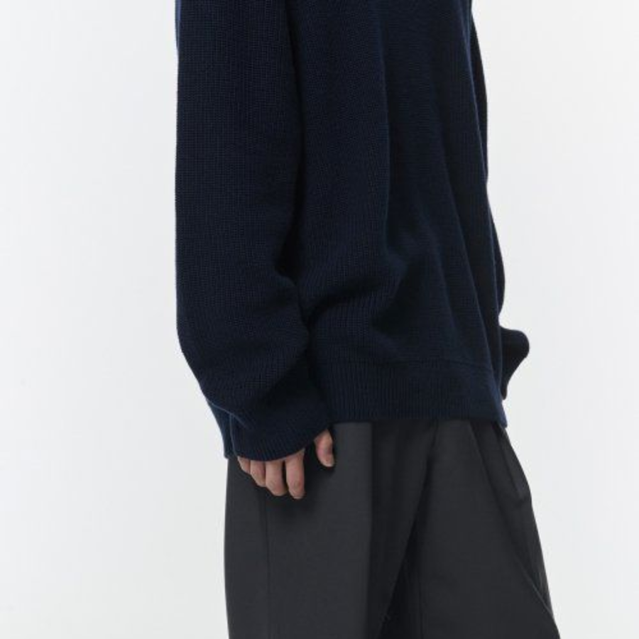 Cotton Ribbed Crew Neck Knit — Navy