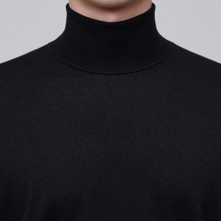 Merino Wool Blend High Gauge Turtleneck Knit — Black