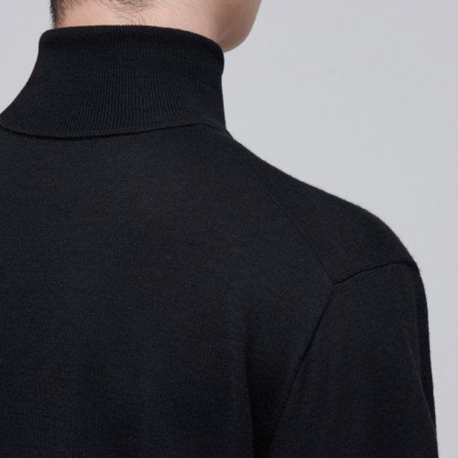 Merino Wool Blend High Gauge Turtleneck Knit — Black