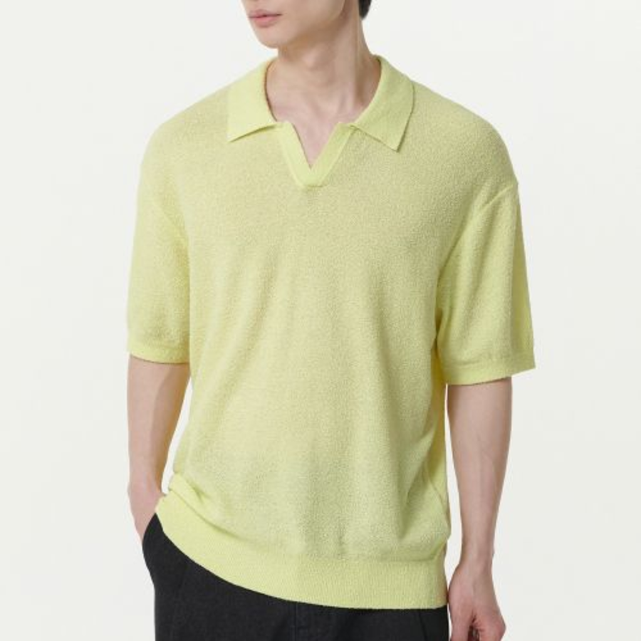 Bouclé Slit Neck Knitted Polo Shirt — Lemon