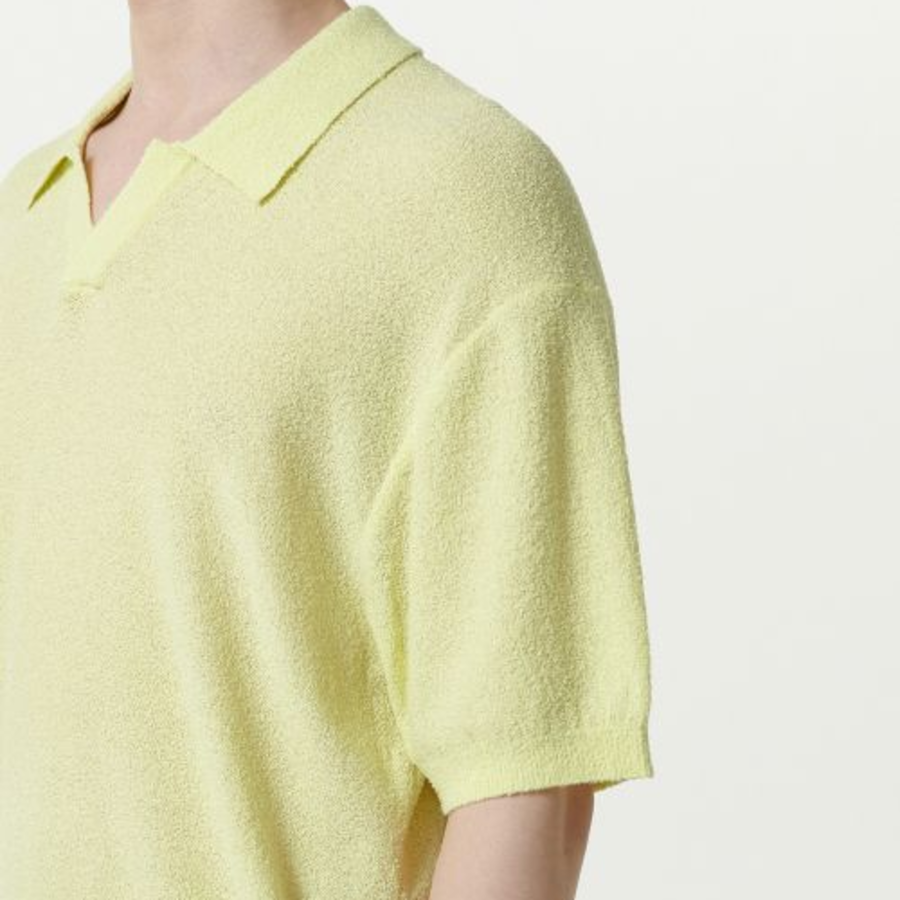 Bouclé Slit Neck Knitted Polo Shirt — Lemon