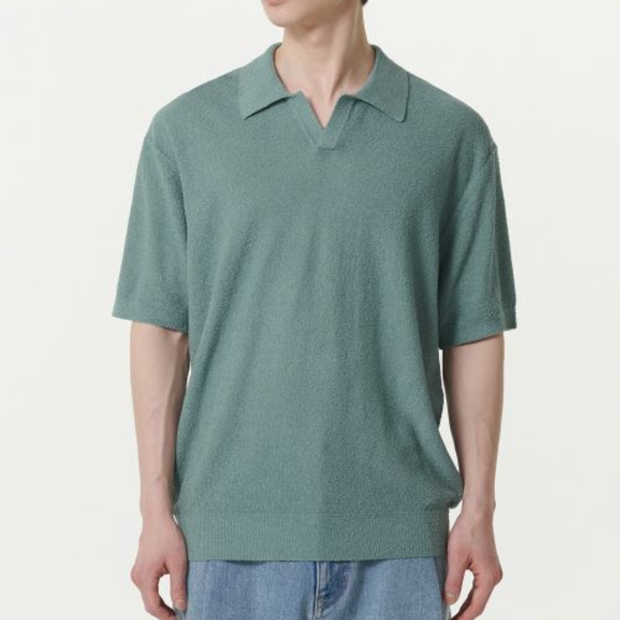 Bouclé Slit Neck Knitted Polo Shirt — Dusty Mint