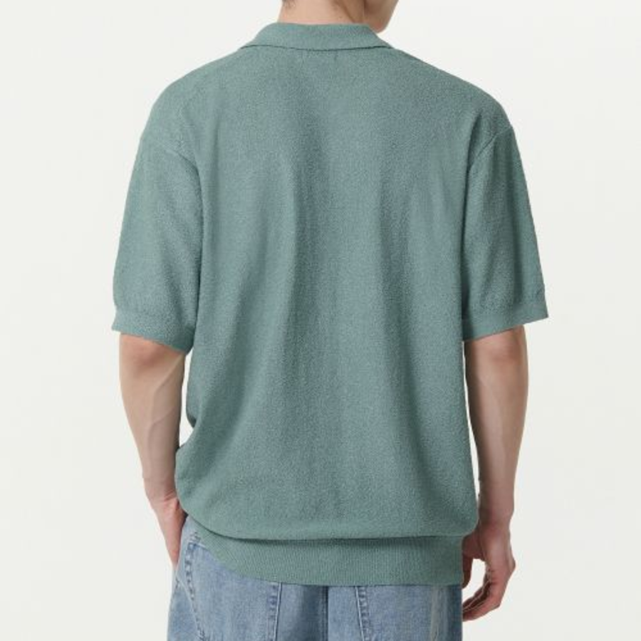 Bouclé Slit Neck Knitted Polo Shirt — Dusty Mint