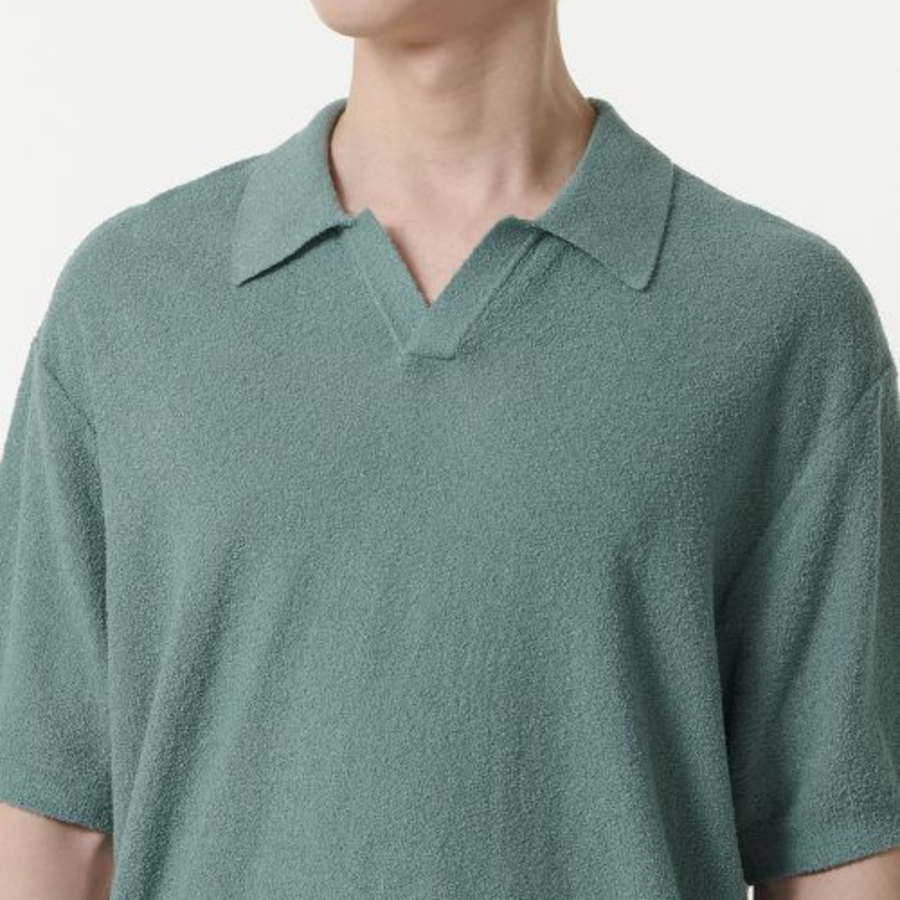 Bouclé Slit Neck Knitted Polo Shirt — Dusty Mint