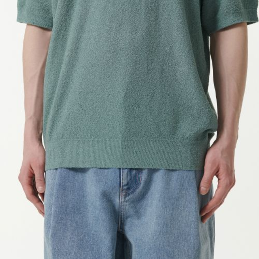 Bouclé Slit Neck Knitted Polo Shirt — Dusty Mint