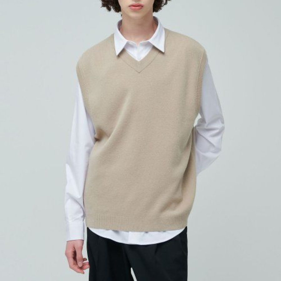 Lambswool V-Neck Knit Vest — Beige