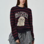 GANNI Graphic Wool Mix Poodle Stripe Crewneck – Wine