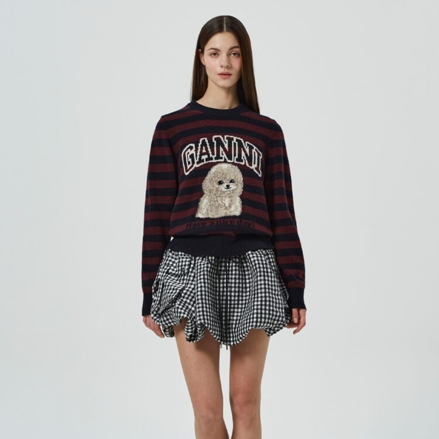GANNI Graphic Wool Mix Poodle Stripe Crewneck – Wine