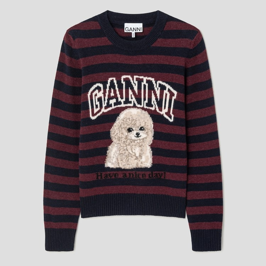 GANNI Graphic Wool Mix Poodle Stripe Crewneck – Wine
