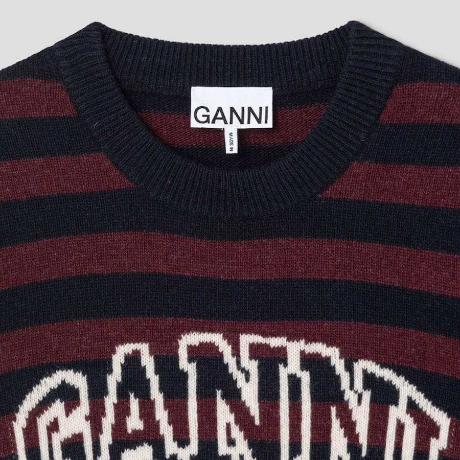 GANNI Graphic Wool Mix Poodle Stripe Crewneck – Wine