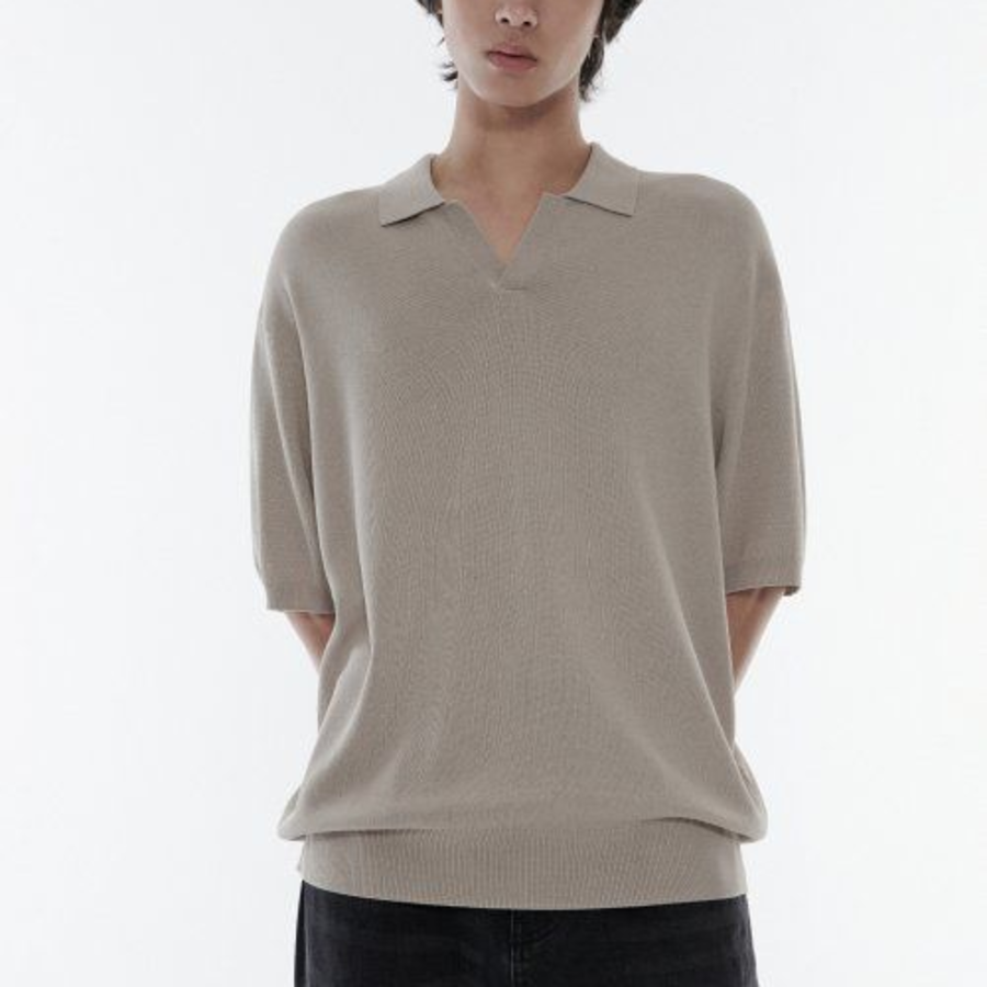Cool Touch Slit Neck Knitted Polo Shirt — Mushroom
