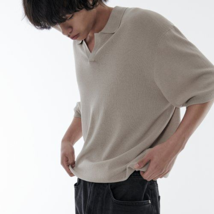 Cool Touch Slit Neck Knitted Polo Shirt — Mushroom