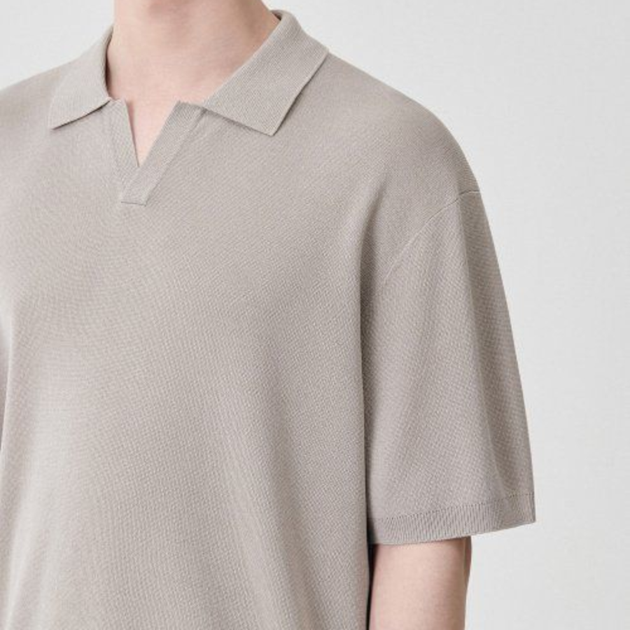 Cool Touch Slit Neck Knitted Polo Shirt — Mushroom