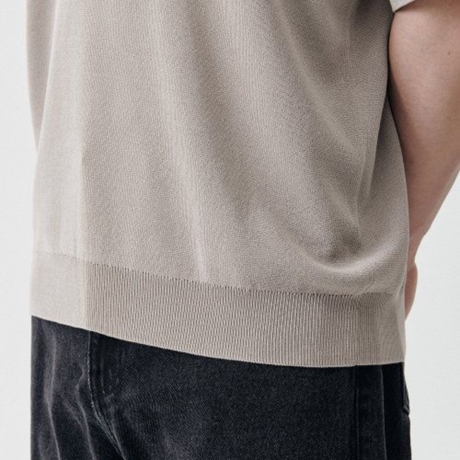 Cool Touch Slit Neck Knitted Polo Shirt — Mushroom
