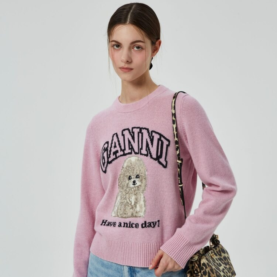 GANNI Graphic Wool Mix Poodle Crewneck – Light Pink