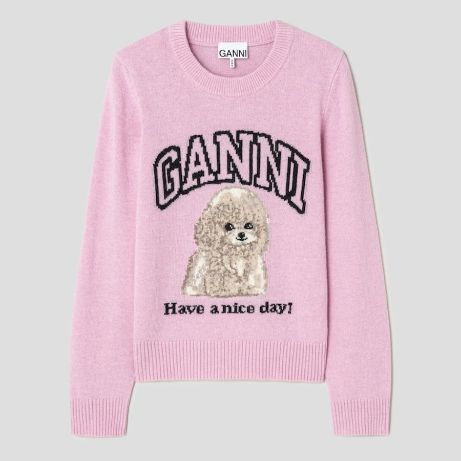 GANNI Graphic Wool Mix Poodle Crewneck – Light Pink
