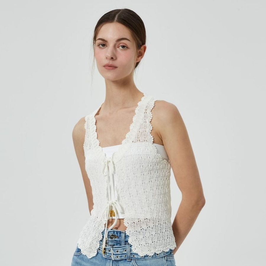 GANNI Shiny Pointelle Knit Vest – Ivory