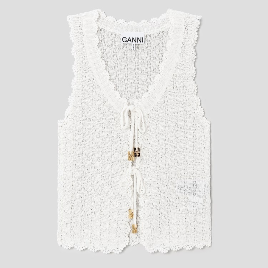 GANNI Shiny Pointelle Knit Vest – Ivory