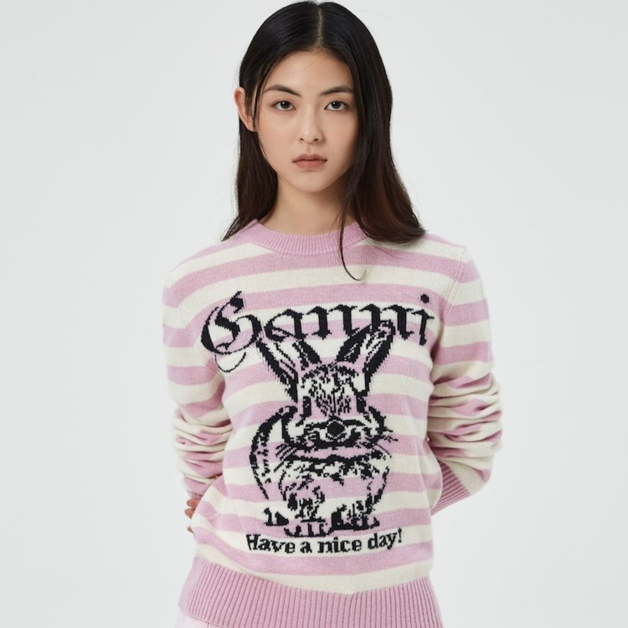 GANNI Striped Graphic Wool Mix Bunny Crewneck – Primrose Pink