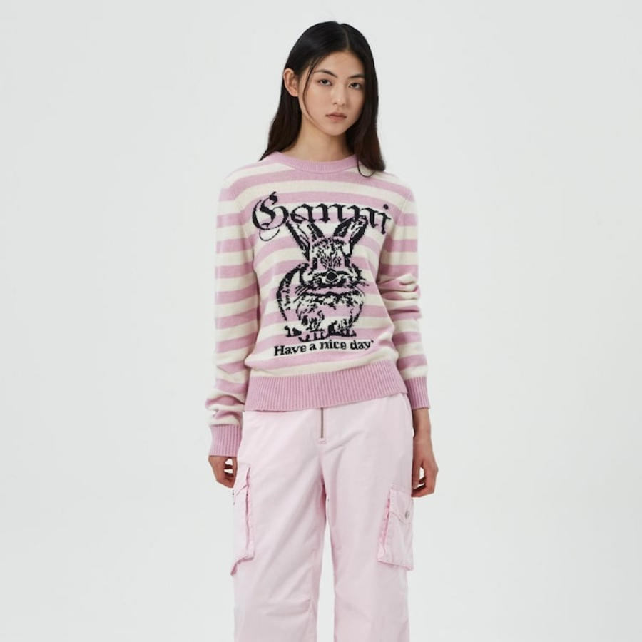 GANNI Striped Graphic Wool Mix Bunny Crewneck – Primrose Pink
