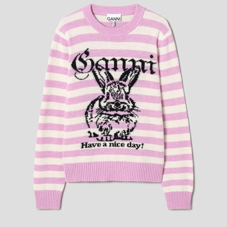 GANNI Striped Graphic Wool Mix Bunny Crewneck – Primrose Pink