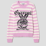 GANNI Striped Graphic Wool Mix Bunny Crewneck – Primrose Pink