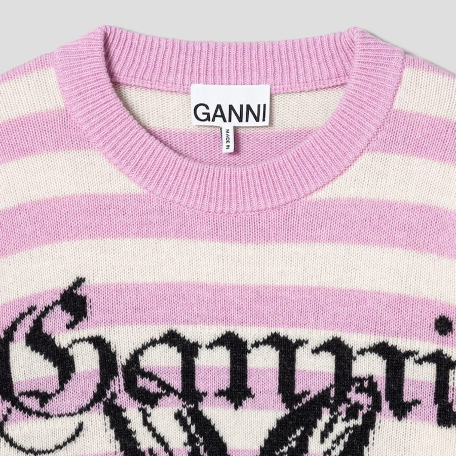 GANNI Striped Graphic Wool Mix Bunny Crewneck – Primrose Pink
