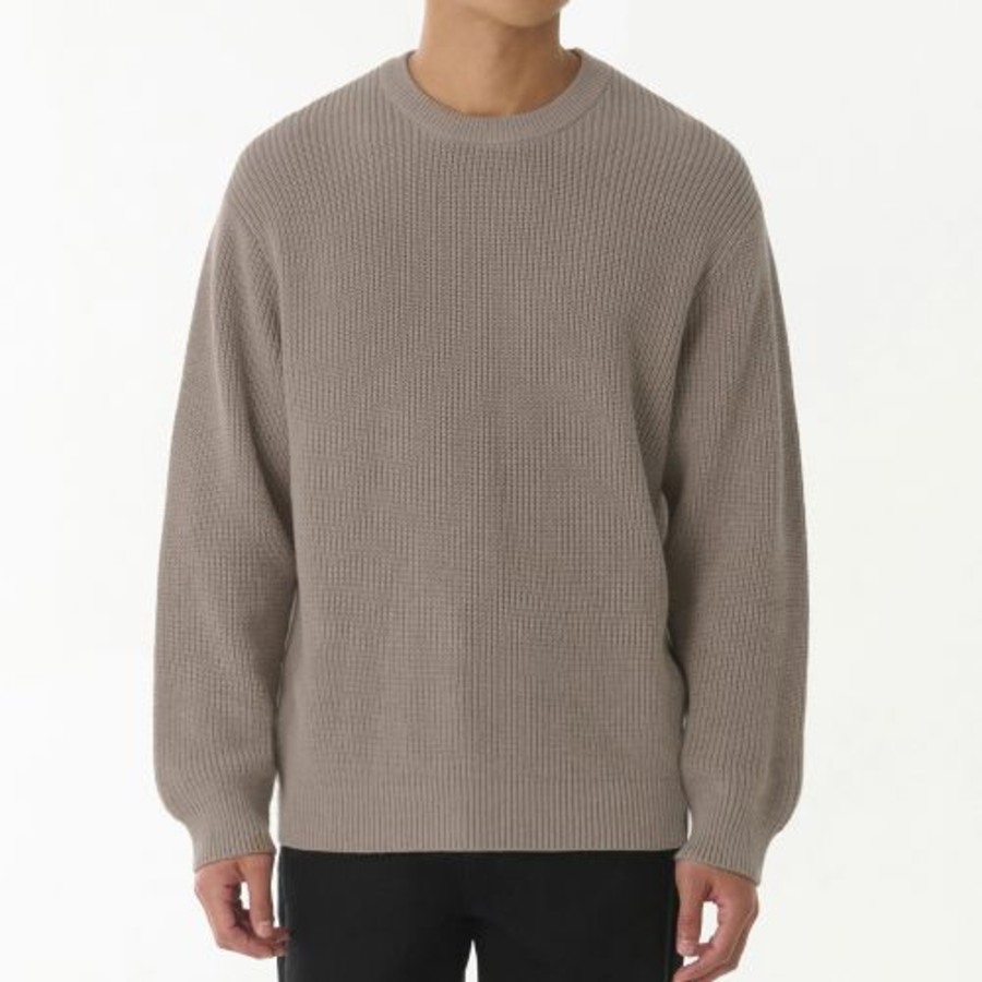 Cotton Ribbed Crew Neck Knit — Heather Beige