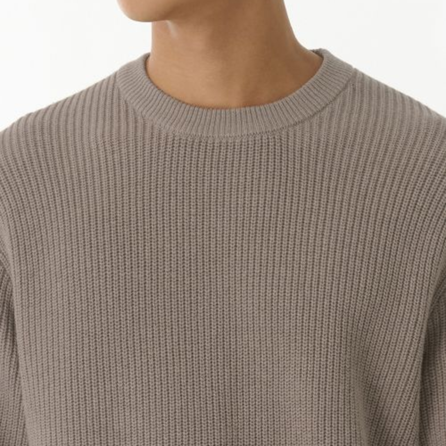 Cotton Ribbed Crew Neck Knit — Heather Beige