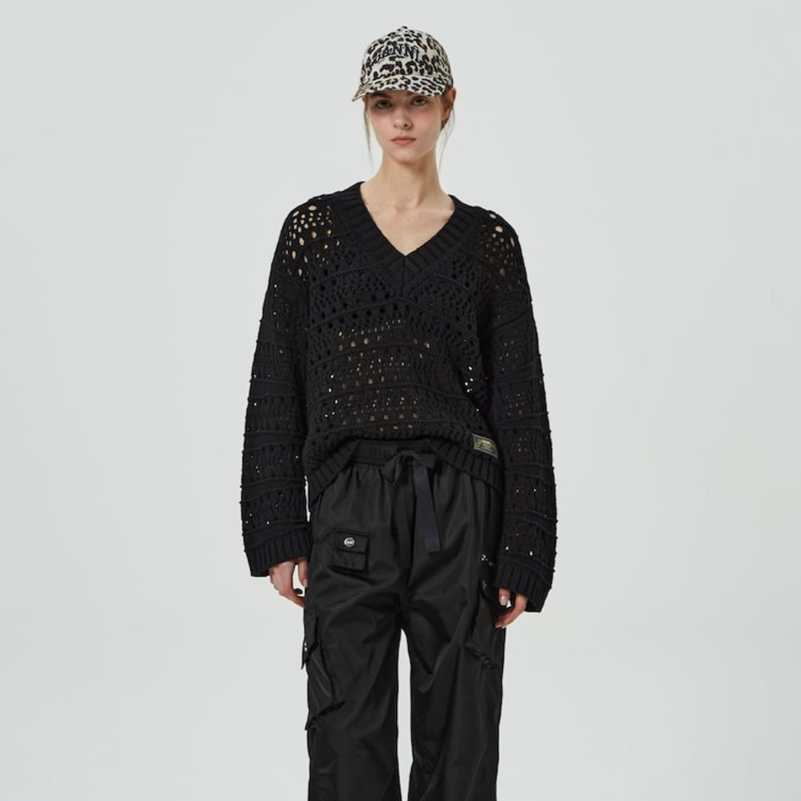 GANNI Cotton Mix V-neck – Black