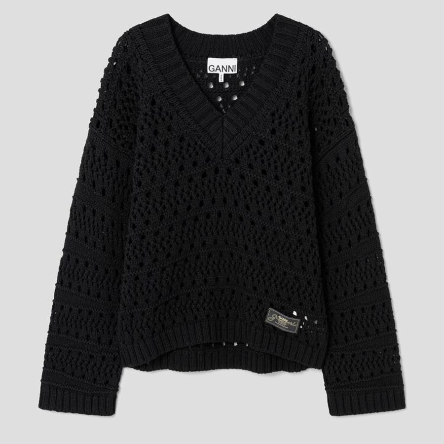 GANNI Cotton Mix V-neck – Black