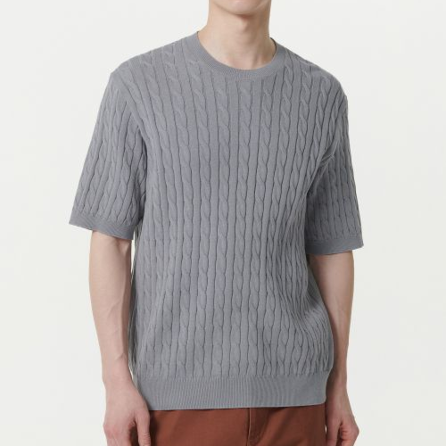 Cable Crew Neck Short Sleeve Knit — Gray