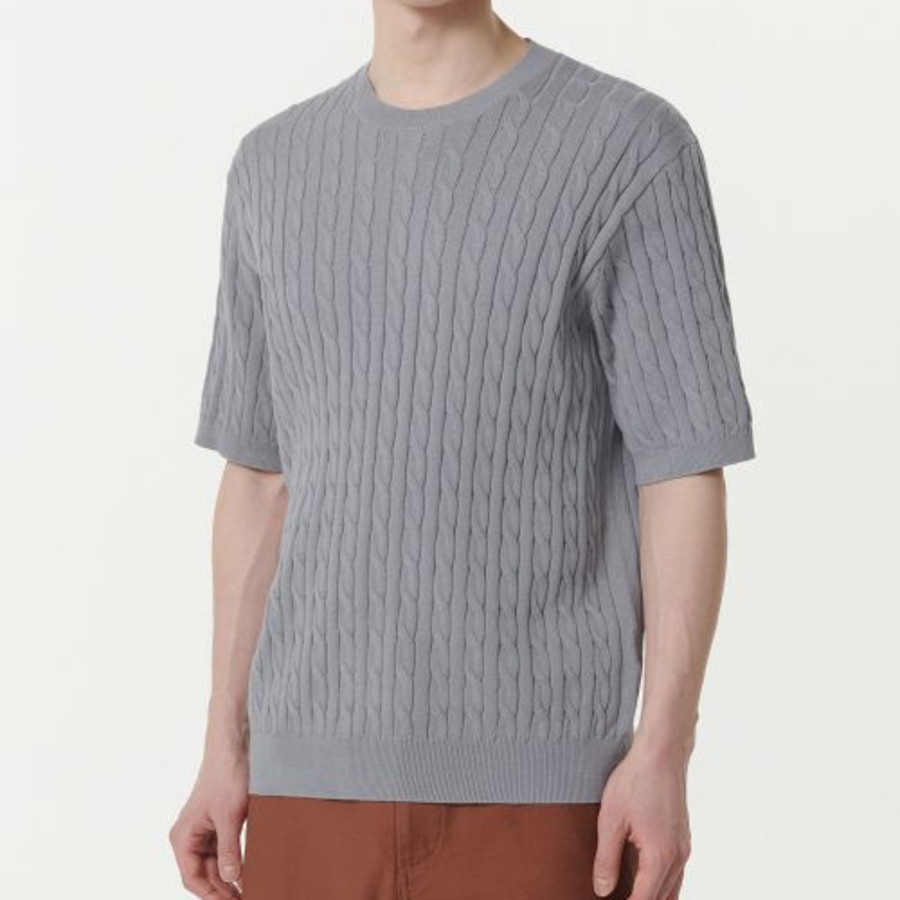 Cable Crew Neck Short Sleeve Knit — Gray
