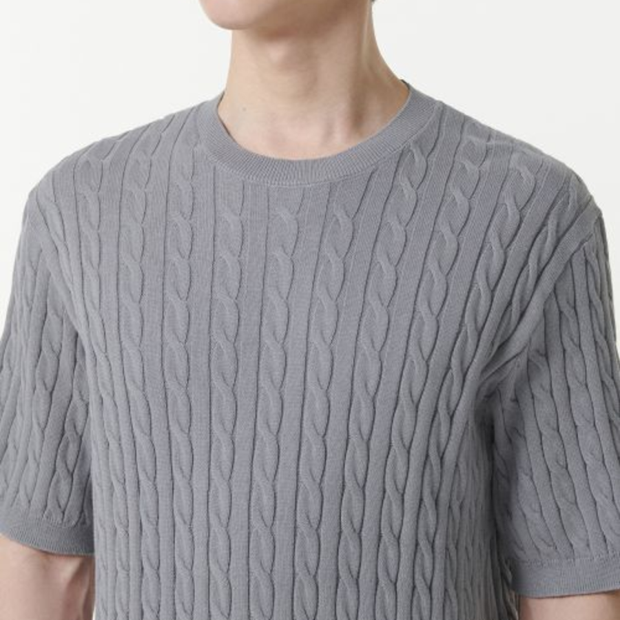 Cable Crew Neck Short Sleeve Knit — Gray