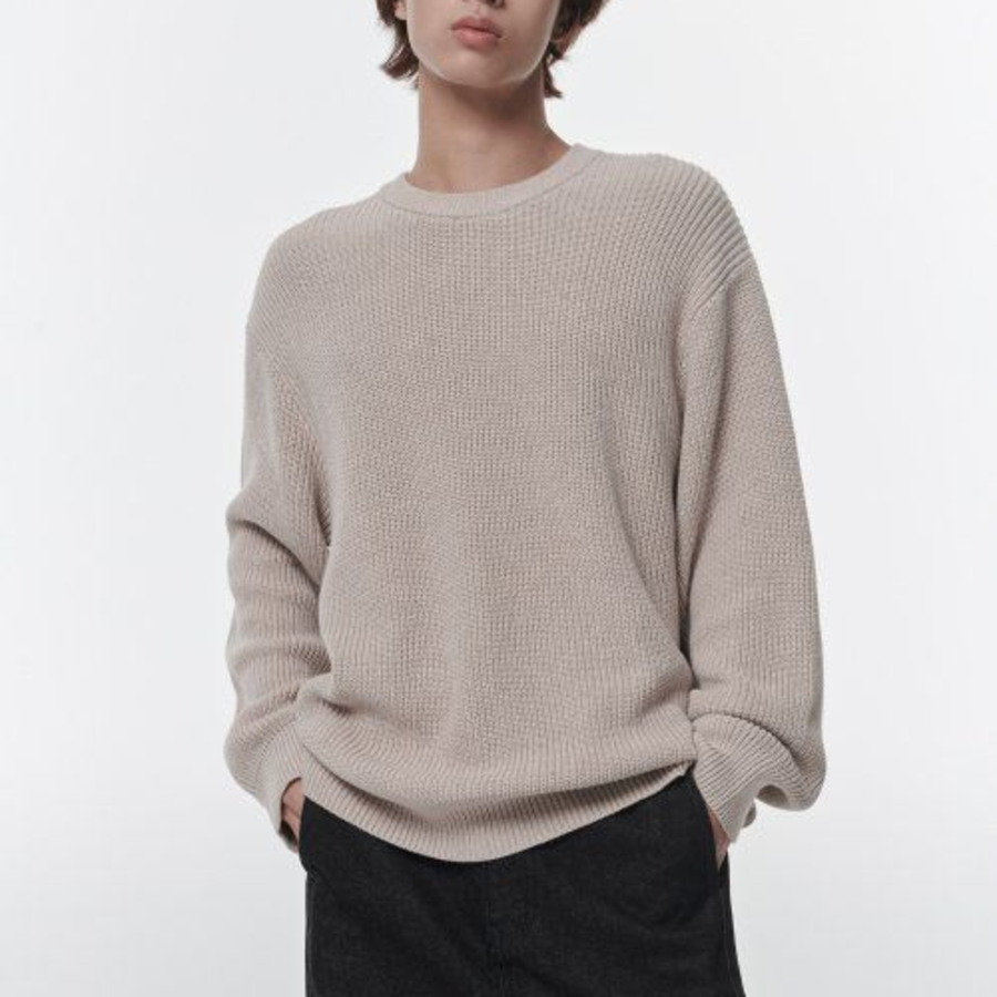 Cotton Ribbed Crew Neck Knit — Oatmeal